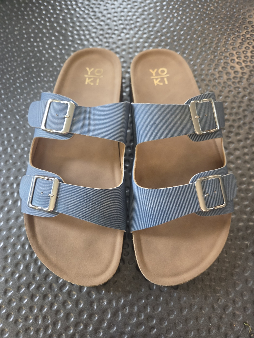 NWOT Yoki Double Buckle Slide Sandals in Blue with Silver Buckles